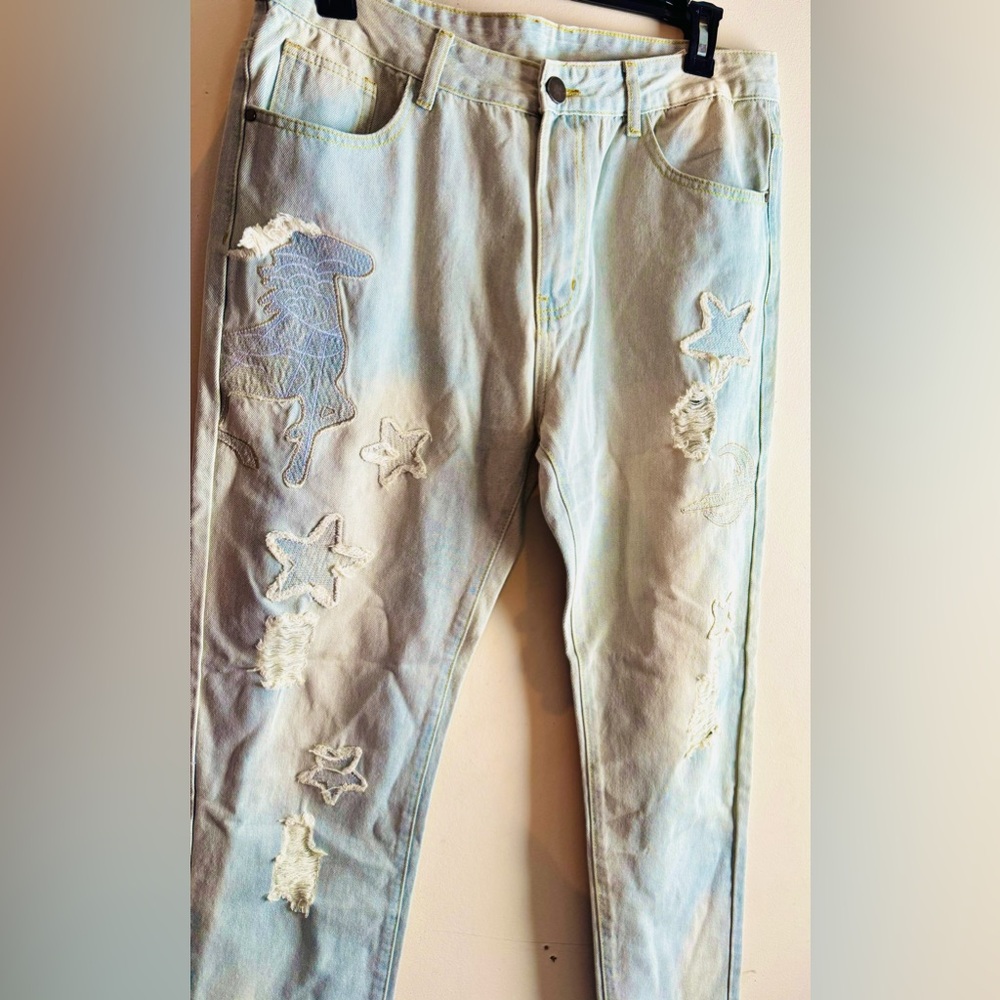 Men’s New Light Blue Distressed Jeans with Star Patches & 1 Horse patch-size 36